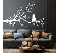 Decorazione murale in Metallo Moderna e Minimalista - Gatto su Un Ramo e Uccello per Giardino e Camera da Letto (Bianco 22"x35"|56x90cm) Regalo per Gli Innamorati