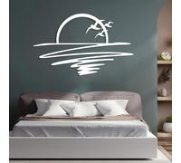 Decorazione murale in Metallo Moderna e Minimalista, Tramonto sull'oceano all'orizzonte, Sole e gabbiani, Linea Astratta, Spiaggia (Bianco 15"x24"|38x60cm)