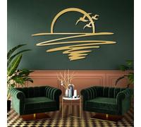 Decorazione murale in Metallo Moderna e Minimalista, Tramonto sull'oceano all'orizzonte, Sole e gabbiani, Linea Astratta, Spiaggia (Oro 84x135 cm)