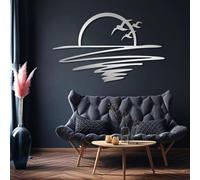 Decorazione murale in Metallo Moderna e Minimalista Tramonto sull'oceano all'orizzonte Sole e gabbiani Linea Astratta Spiaggia (Argento 26"x41"|66x105cm)