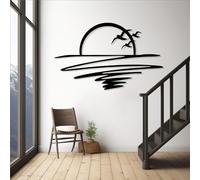 Decorazione murale in Metallo Moderna e Minimalista, Tramonto sull'oceano all'orizzonte, Sole e gabbiani, Linea Astratta, Spiaggia (Nero 22"x35"|56x90cm)