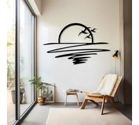 Decorazione murale in Metallo Moderna e Minimalista, Tramonto sull'oceano all'orizzonte, Sole e gabbiani, Linea Astratta, Spiaggia (Nero 15"x24"|38x60cm)