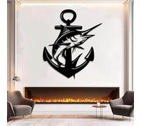 Decorazione murale in Metallo Scultura da Appendere a Parete con Pesce Marlin Nave e Ancora Colore Nero per Soggiorno e Camera da Letto 70 x 59 cm