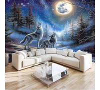 Decorazione murale moderna 3D blu in tessuto non tessuto con effetto 3D raffigurante foresta, luna e ruggito di lupo, ideale per camera da letto, soggiorno, ufficio e come sfondo per TV, dimensioni 43