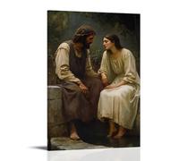 Decorazione murale moderna da appendere con Cristo che riposa in un pozzo con i piedi polverosi, i suoi occhi pieni di pace mentre una donna samaritana ascolta con mani tremanti. Poster decorativo da
