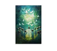 Decorazione murale moderna da appendere con Gesù in piedi tra i bambini in un pascolo verde, il suo volto illuminato dalla gioia mentre le colombe svolazzano sopra nei cerchi di luce. Poster
