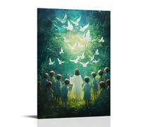Decorazione murale moderna da appendere con Gesù in piedi tra i bambini in un pascolo verde, il suo volto illuminato dalla gioia mentre le colombe svolazzano sopra nei cerchi di luce. Poster
