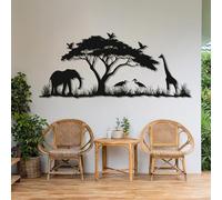 Decorazione murale Moderna e Minimalista in Metallo con Tema Safari Africano, Elefanti e Giraffe, Ideale per Il Soggiorno e per Gli Amanti della Natura (Nero, 121 x 53 cm).