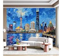 Decorazione murale personalizzabile con skyline di Shanghai, torre orientale di perle, paesaggio urbano, impressionista, pittura a olio, vista città, paesaggio, tessuto autoadesivo da parete