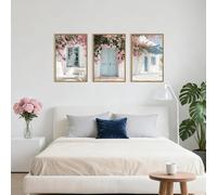 Decorazione murale su tela con persiane blu per porte, isola greca, paesaggio costiero, città, fiori, decorazioni per la casa (60x80 cm/3 pezzi senza cornice)