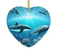 Decorazione natalizia a forma di cuore in ceramica stampata con balene sotto il mare, adatta per Natale e feste in famiglia