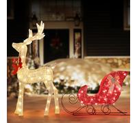 Decorazione natalizia a forma di renna illuminata per esterni, 2 pezzi, con cervo dorato 3D e slitta rossa, per decorazione natalizia da cortile, con 160 luci LED, 122 cm, per vacanze, interni