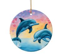 Decorazione natalizia circolare con stampa di delfini innamorati, decorazioni natalizie in ceramica per albero, ornamento per le vacanze, idea regalo unica