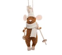 Decorazione natalizia da appendere a forma di topolino con sci in legno di pino marrone