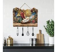 Decorazione natalizia di Gesù, scena di preghiera religiosa, 2D, portachiavi da parete con 4 ganci, portachiavi multifunzione in legno per la casa (caffè-A)