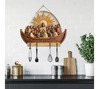 Decorazione natalizia di Gesù, scena di preghiera religiosa, 2D, portachiavi da parete con 4 ganci, portachiavi multifunzione in legno per la casa (caffè-B)