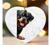 Decorazione natalizia in ceramica a forma di cane Rottweiler che sbircia intorno all'angolo, a forma di cuore, decorazione per albero di Natale, divertente ciondolo a forma di palla per vacanze