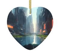 Decorazione natalizia in ceramica a forma di cuore "La città sull'acqua", 7,4 cm, ideale per davanzali e camini.