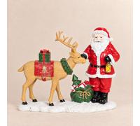 Decorazione natalizia, scena con Babbo Natale e renne multicolori, alt. 15 cm