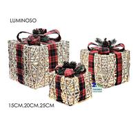 DECORAZIONE NATALIZIA SET 3 PACCHI REGALO SCOZZESE LUMINOSI 70 MICROLED