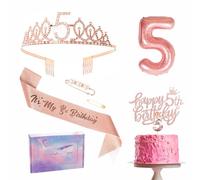 Decorazione oro rosa per il 5° compleanno di una ragazza. Set di copricapo Corona. Decorazioni per torta di compleanno. Quinto: palloncino in alluminio candela. Regalo 5° compleanno per ragazze