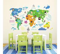 DECORAZIONE PARETI CAMERETTE SCUOLA ASILO BAMBINI MAPPA DEL MONDO ANIMATE
