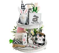 Decorazione pasquale, 8 pz primavera coniglietto pasquale gnomo a più livelli decorazione, Buffalo plaid pasquale gnomo peluche, carota a scacchi neri, cartelli in legno pasquale 3D, ghirlanda di