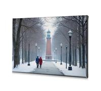 Decorazione pasquale con una coppia cammina lungo un sentiero innevato verso un monumento. Tela decorativa da parete (20 x 30 cm)