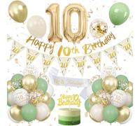 Decorazione per 10° compleanno, verde salvia, oro bianco verde, decorazioni di compleanno per 10 anni, palloncini numero 10 con striscione, decorazione per torta per ragazzo e ragazza, decorazione di