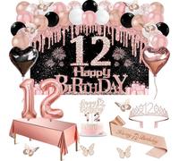 Decorazione per 12° compleanno, 49 pezzi, Black Rose Gold Black Happy 12° compleanno, tovaglia, decorazione a farfalla, cravatta e tiara, decorazione per torte, arco a palloncino