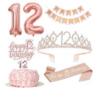 Decorazione per 12° compleanno ragazza, 12° corona di compleanno e fascia, striscione Happy Birthday, decorazione torta e candele, palloncino in pellicola oro rosa 12, regalo di compleanno per 12 anni