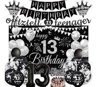 Decorazione per 13 anni per adolescenti - 20 pezzi nero Happy Birthday Banner ufficiale per adolescenti tirare la bandiera sfondo panno numero 13 corone in pellicola per decorazioni per torte per 13.