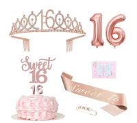 Decorazione per 16° compleanno, per ragazza, 16° compleanno, corona e fascia, decorazione per torte e candele, in pellicola di oro rosa, 16° compleanno, decorazione per feste