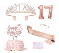 Decorazione per 17° compleanno ragazza, 17° compleanno corona e fascia, decorazione torta e candele, palloncino in pellicola oro rosa 17,17° regalo per ragazze compleanno festa decorazione Supplies
