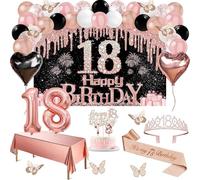 Decorazione per 18° compleanno, 49 pezzi, Black Rose Gold Black Happy 18th Birthday, tovaglia, decorazione a farfalla, cravatta e tiara, decorazione per torte, arco di palloncini