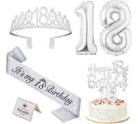 Decorazione per 18° compleanno per ragazze, 18° compleanno, corona e fascia, decorazione per torta e candele, palloncini argentati, regali per ragazze di 18 anni