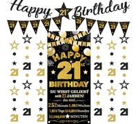 Decorazione per 21° compleanno da uomo e donna, 9 pezzi, nero e oro, con scritta "Happy 21st Birthday", bandierine triangolari, numero 21, cerchio, punti, stelle scintillanti, ghirlanda per uomini e