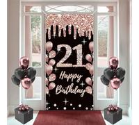 Decorazione per 21° compleanno per ragazze Happy 21st Birthday Poster Banner per porta in tessuto nero e rosa cartello da parete/porta banner per 21° compleanno sfondo banner per ragazze festa di