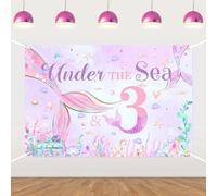Decorazione per 3° compleanno a forma di sirena, sfondo sottomarino, la nostra sirenetta sta girando 3 rosa, viola, stella marina, conchiglia, perla, sfondo fotografico, per feste di compleanno da