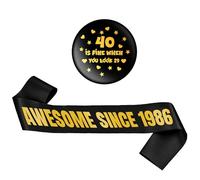 Decorazione per 40° compleanno - 2 pezzi nero oro 40 is fine when you look 29 button badge impressionante since 1986 fascia forniture per feste per uomini donne Happy 40 years old Birthday Decor