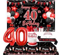 Decorazione per 40° compleanno rossa e nera, tovaglia con scritta "Happy Birthday" It's My 40th Bday Sash Crown Glitter Cake Topper Numero 40 Foil Balloon Kit per donne 40 anni Bday Party Supplies