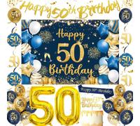Decorazione per 50° compleanno, colore blu marino e oro, palloncino per uomini e donne, palloncino in lamina con numero 50, decorazione per torta per 50° compleanno, decorazione di compleanno 50