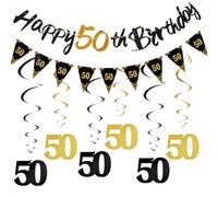 Decorazione per 50° compleanno da uomo, nero e oro, striscione Happy 50th Birthday con ghirlanda e spirali, decorazione per 50° compleanno, elegante decorazione per feste per interni ed esterni