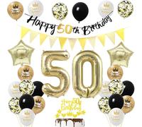 Decorazione per 50 compleanno - Set di feste oro nero per uomo e donna - palloncini, decorazione di torte, striscione di buon compleanno - festa di 50 anni