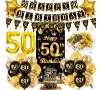 Decorazione per 50° compleanno uomo donna, palloncini striscione nero oro | Set decorativo per 50° compleanno, con sfondo in tessuto, striscione, ghirlanda, palloncini in alluminio con numero 50