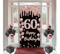 Decorazione per 60° compleanno per le donne Happy 60th Birthday Poster Banner per porta in tessuto nero e rosa cartello da parete/porta banner per 60° compleanno sfondo banner donna festa di