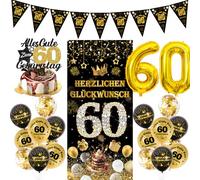 Decorazione per 60° compleanno, per uomo e donna, 23 pezzi, nero e oro, striscioni di congratulazioni, bandierine triangolari, 60 palloncini in lamina, per donne, set di decorazioni per feste