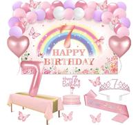 Decorazione per 7 anni, 47 pezzi, rosa arcobaleno striscioni per 7 anni, tovaglia, decorazione a farfalla, fascia e tiara per il 7° compleanno, decorazione per torte, candele, arco palloncini