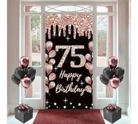 Decorazione per 75° compleanno per le donne Happy 75th Birthday Poster Banner per porta Banner in tessuto nero e rosa cartello da parete/porta banner per 75° compleanno sfondo banner donna festa di