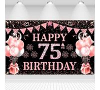 Decorazione per 75° compleanno, striscione con scritta "Happy 75th Birthday", glitterata, bandiera a stella, palloncini, segno, decorazione, sfondo fotografico, decorazione da parete, per 75 anni